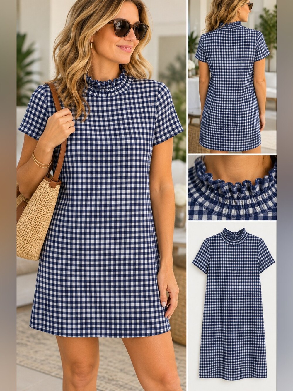 Zara Trafaluc Navy White Gingham Ruffle Neck Shift Dress Size S